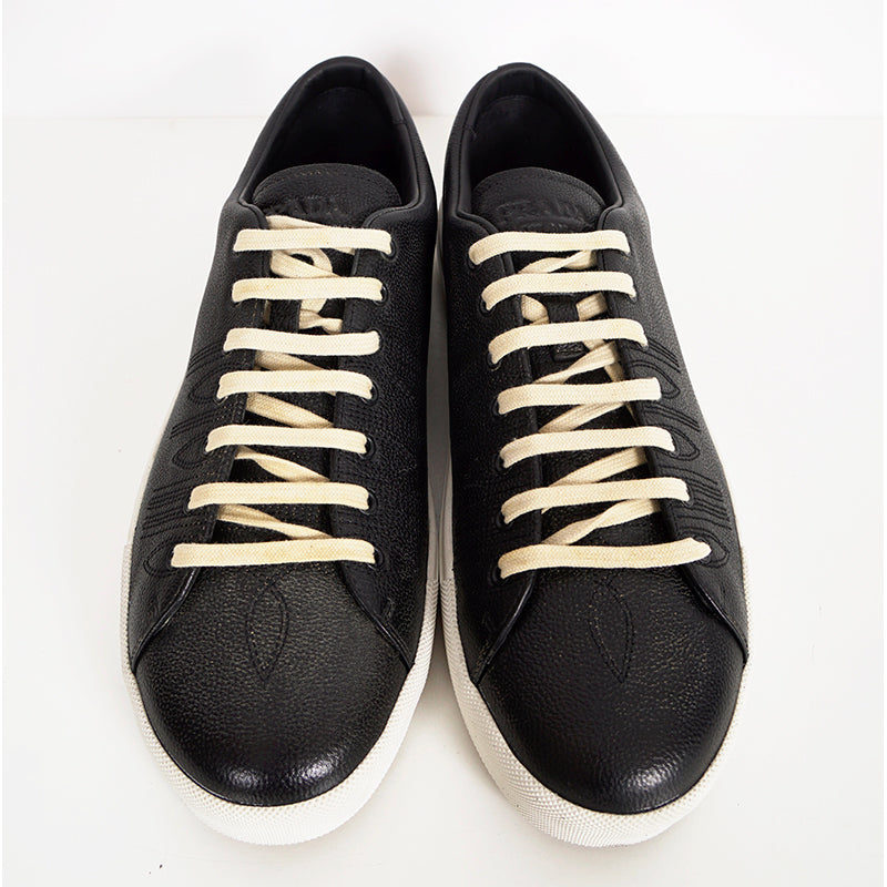 US 10.5/11/11.5/12.5/13/14 NEW $1170 PRADA Men's Black AGED-EFFECT LEATHER Red LOGO SNEAKERS
