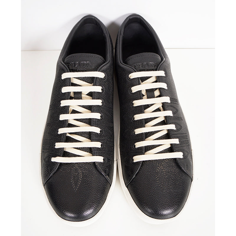 US 10.5/11/11.5/12.5/13/14 NEW $1170 PRADA Men's Black AGED-EFFECT LEATHER Red LOGO SNEAKERS