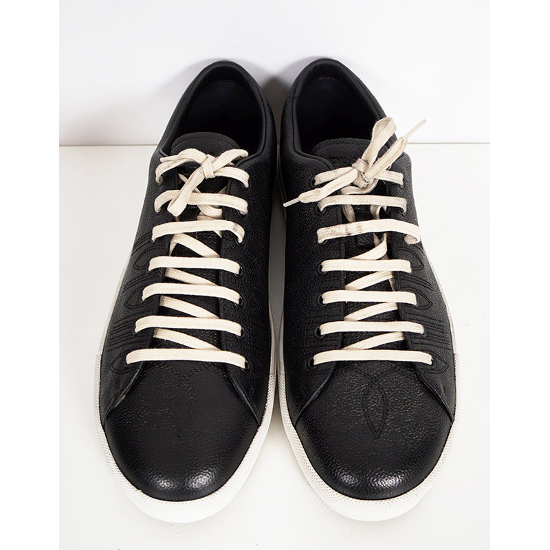 US 10.5/11/11.5/12.5/13/14 NEW $1170 PRADA Men's Black AGED-EFFECT LEATHER Red LOGO SNEAKERS