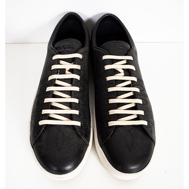 US 10.5/11/11.5/12.5/13/14 NEW $1170 PRADA Men's Black AGED-EFFECT LEATHER Red LOGO SNEAKERS