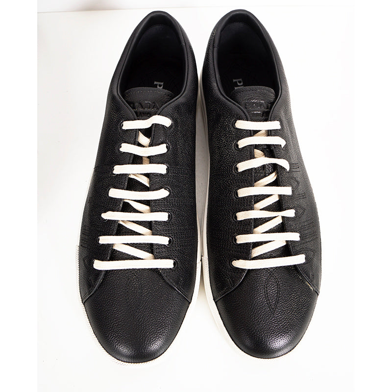 US 10.5/11/11.5/12.5/13/14 NEW $1170 PRADA Men's Black AGED-EFFECT LEATHER Red LOGO SNEAKERS