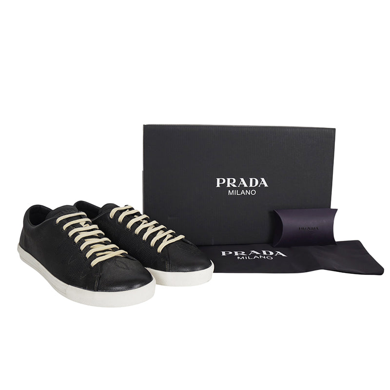 US 10.5/11/11.5/12.5/13/14 NEW $1170 PRADA Men's Black AGED-EFFECT LEATHER Red LOGO SNEAKERS