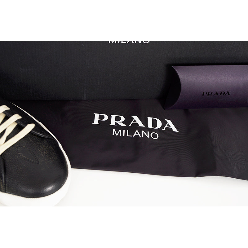 US 10.5/11/11.5/12.5/13/14 NEW $1170 PRADA Men's Black AGED-EFFECT LEATHER Red LOGO SNEAKERS