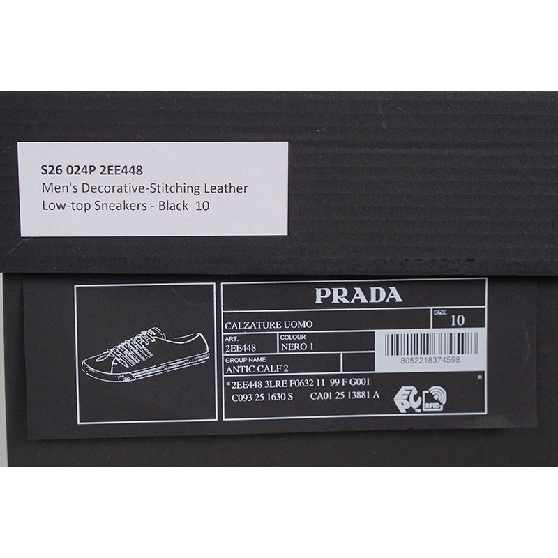 US 10.5/11/11.5/12.5/13/14 NEW $1170 PRADA Men's Black AGED-EFFECT LEATHER Red LOGO SNEAKERS
