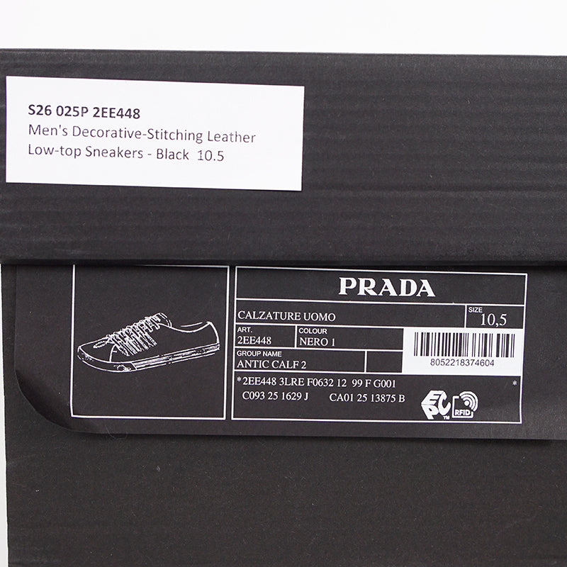 US 10.5/11/11.5/12.5/13/14 NEW $1170 PRADA Men's Black AGED-EFFECT LEATHER Red LOGO SNEAKERS