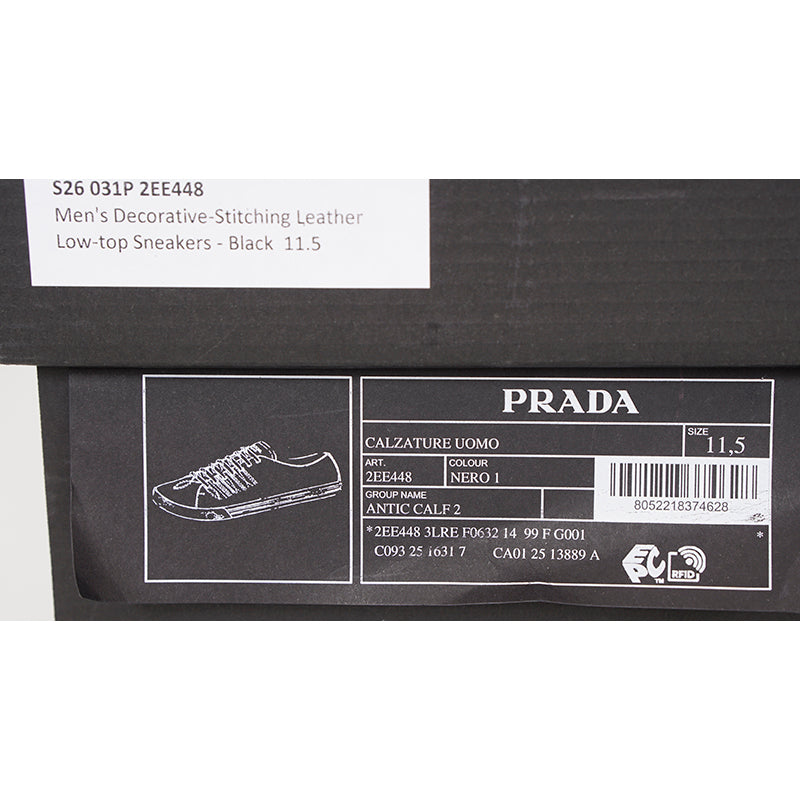 US 10.5/11/11.5/12.5/13/14 NEW $1170 PRADA Men's Black AGED-EFFECT LEATHER Red LOGO SNEAKERS