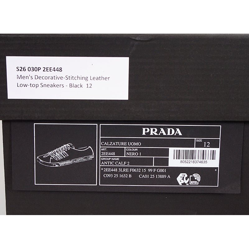 US 10.5/11/11.5/12.5/13/14 NEW $1170 PRADA Men's Black AGED-EFFECT LEATHER Red LOGO SNEAKERS