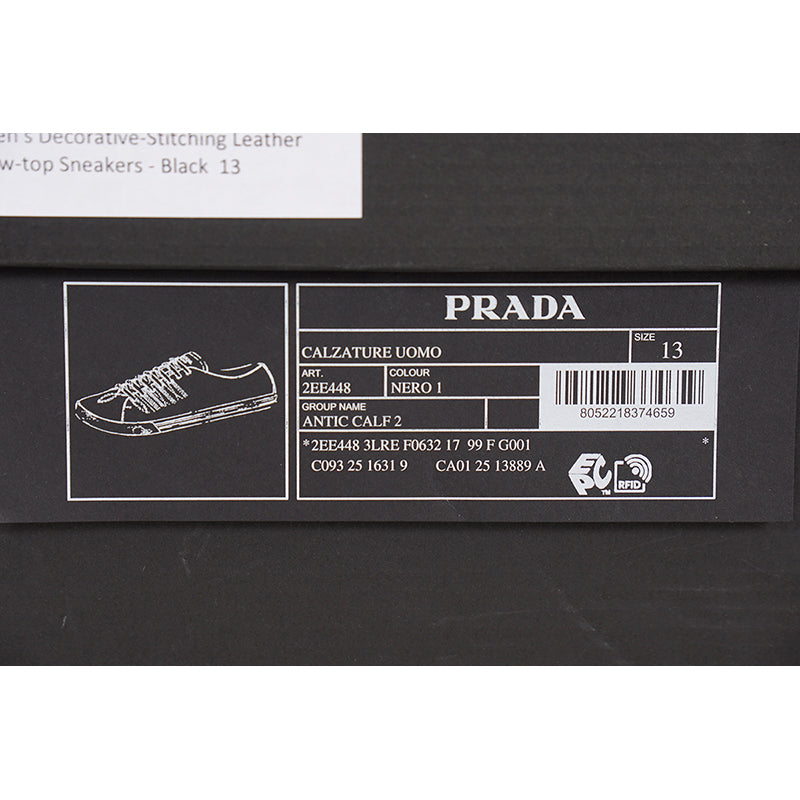 US 10.5/11/11.5/12.5/13/14 NEW $1170 PRADA Men's Black AGED-EFFECT LEATHER Red LOGO SNEAKERS