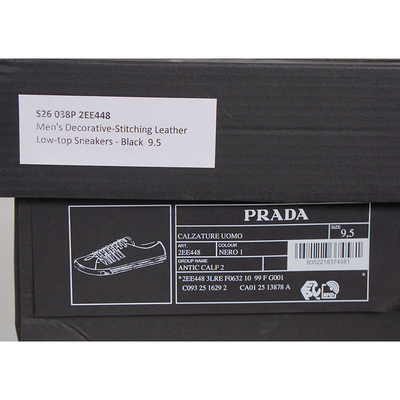US 10.5/11/11.5/12.5/13/14 NEW $1170 PRADA Men's Black AGED-EFFECT LEATHER Red LOGO SNEAKERS