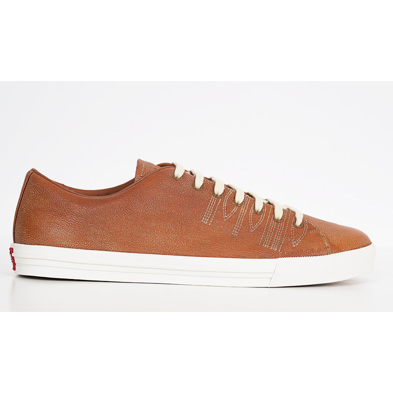 UK 9.5 US 10.5 NEW $1170 PRADA Mens Cognac AGED-EFFECT LEATHER Red LOGO SNEAKERS