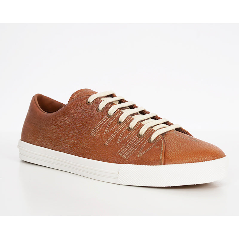 UK 9.5 US 10.5 NEW $1170 PRADA Mens Cognac AGED-EFFECT LEATHER Red LOGO SNEAKERS