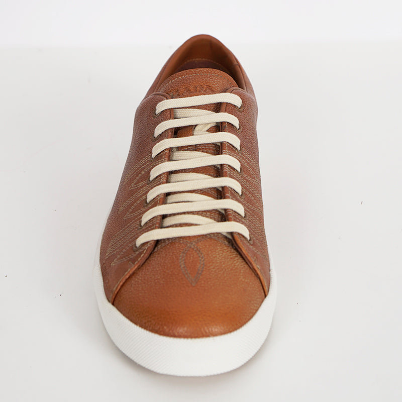UK 9.5 US 10.5 NEW $1170 PRADA Mens Cognac AGED-EFFECT LEATHER Red LOGO SNEAKERS