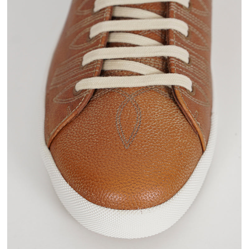 UK 9.5 US 10.5 NEW $1170 PRADA Mens Cognac AGED-EFFECT LEATHER Red LOGO SNEAKERS