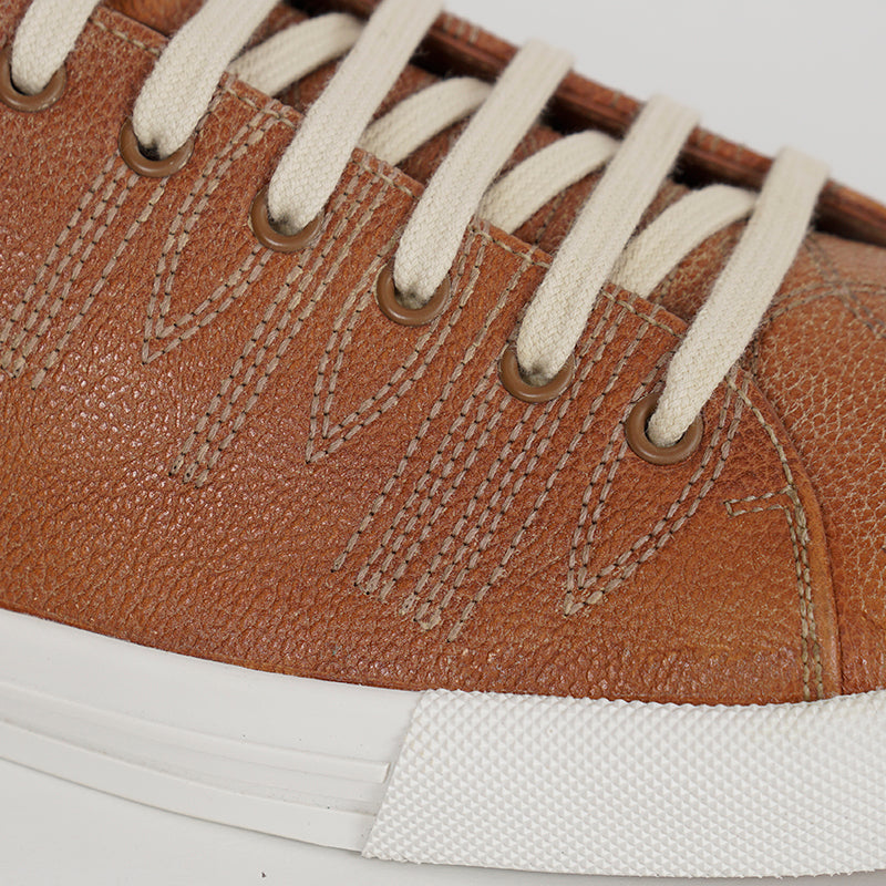 UK 9.5 US 10.5 NEW $1170 PRADA Mens Cognac AGED-EFFECT LEATHER Red LOGO SNEAKERS