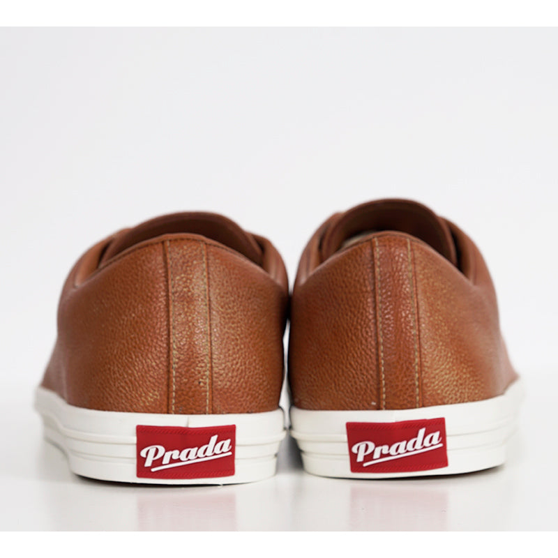 UK 9.5 US 10.5 NEW $1170 PRADA Mens Cognac AGED-EFFECT LEATHER Red LOGO SNEAKERS