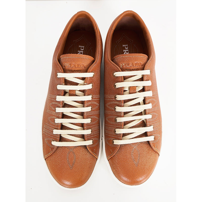 UK 9.5 US 10.5 NEW $1170 PRADA Mens Cognac AGED-EFFECT LEATHER Red LOGO SNEAKERS