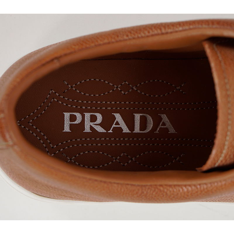 UK 9.5 US 10.5 NEW $1170 PRADA Mens Cognac AGED-EFFECT LEATHER Red LOGO SNEAKERS