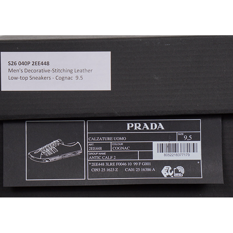 UK 9.5 US 10.5 NEW $1170 PRADA Mens Cognac AGED-EFFECT LEATHER Red LOGO SNEAKERS