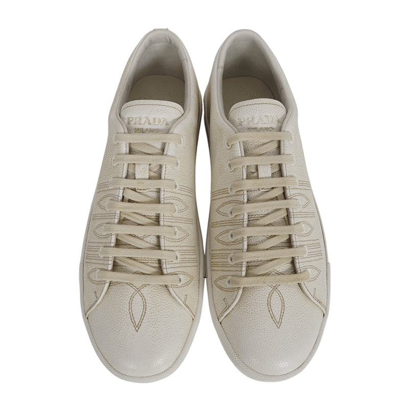 US 10,11,11.5,12.5,13 NEW $1170 PRADA Mens White AGED-EFFECT LEATHER Red LOGO SNEAKERS