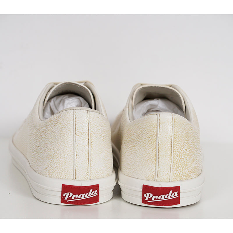 US 10,11,11.5,12.5,13 NEW $1170 PRADA Mens White AGED-EFFECT LEATHER Red LOGO SNEAKERS