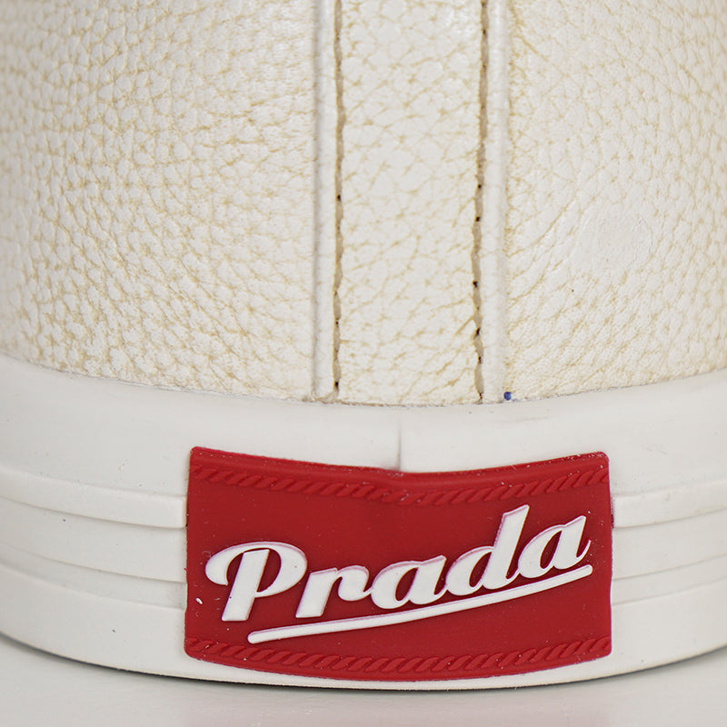 US 10,11,11.5,12.5,13 NEW $1170 PRADA Mens White AGED-EFFECT LEATHER Red LOGO SNEAKERS