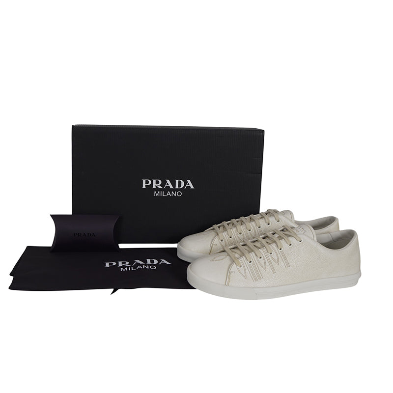 US 10,11,11.5,12.5,13 NEW $1170 PRADA Mens White AGED-EFFECT LEATHER Red LOGO SNEAKERS