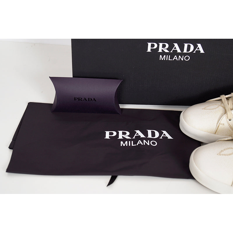 US 10,11,11.5,12.5,13 NEW $1170 PRADA Mens White AGED-EFFECT LEATHER Red LOGO SNEAKERS