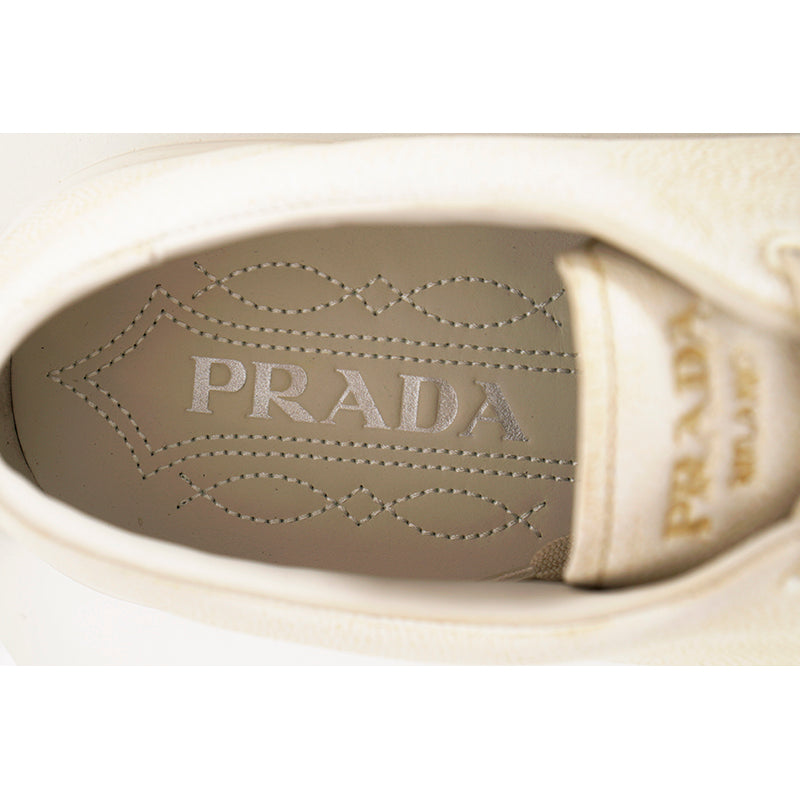 US 10,11,11.5,12.5,13 NEW $1170 PRADA Mens White AGED-EFFECT LEATHER Red LOGO SNEAKERS