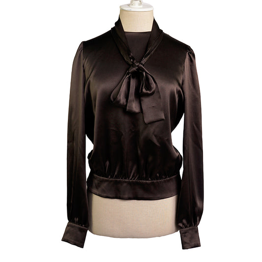 sz 42 NEW $1,980 PRADA Ebony Dk Brown 100% Silk Satin TIE NECK BLOUSE Shirt TOP