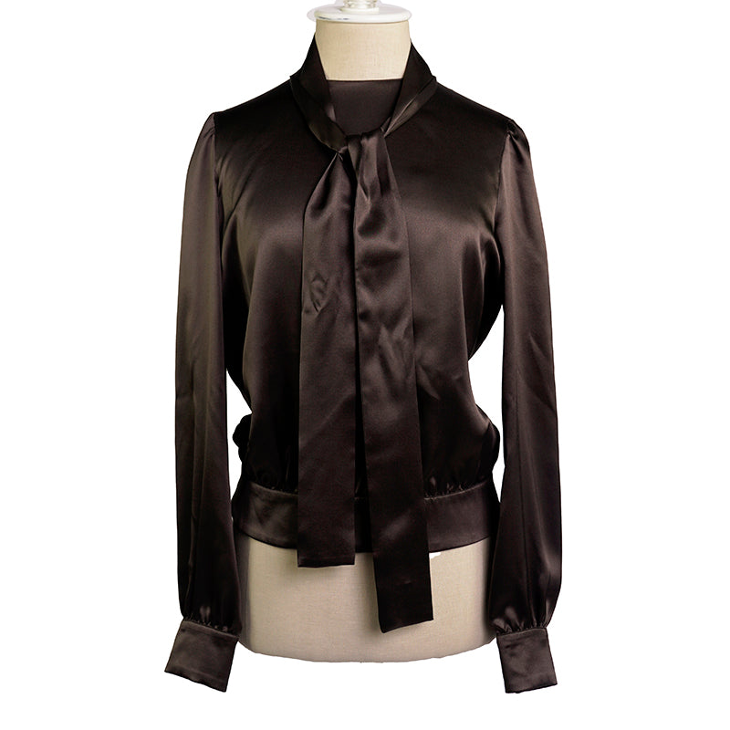 sz 42 NEW $1,980 PRADA Ebony Dk Brown 100% Silk Satin TIE NECK BLOUSE Shirt TOP