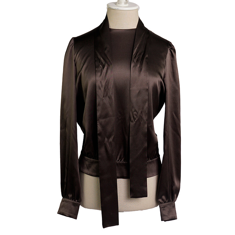 sz 42 NEW $1,980 PRADA Ebony Dk Brown 100% Silk Satin TIE NECK BLOUSE Shirt TOP