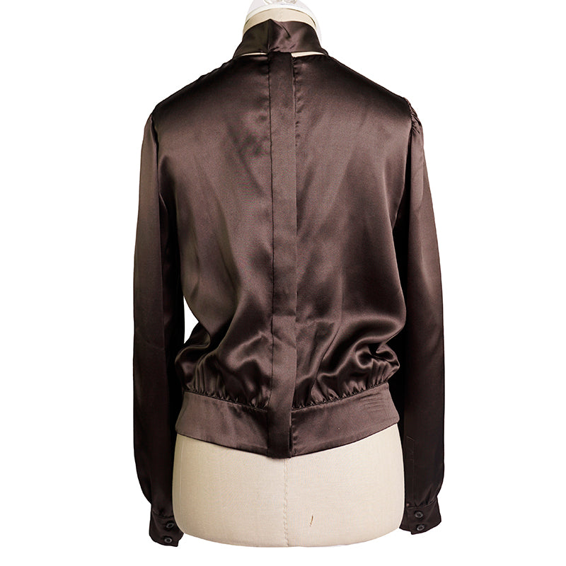 sz 42 NEW $1,980 PRADA Ebony Dk Brown 100% Silk Satin TIE NECK BLOUSE Shirt TOP