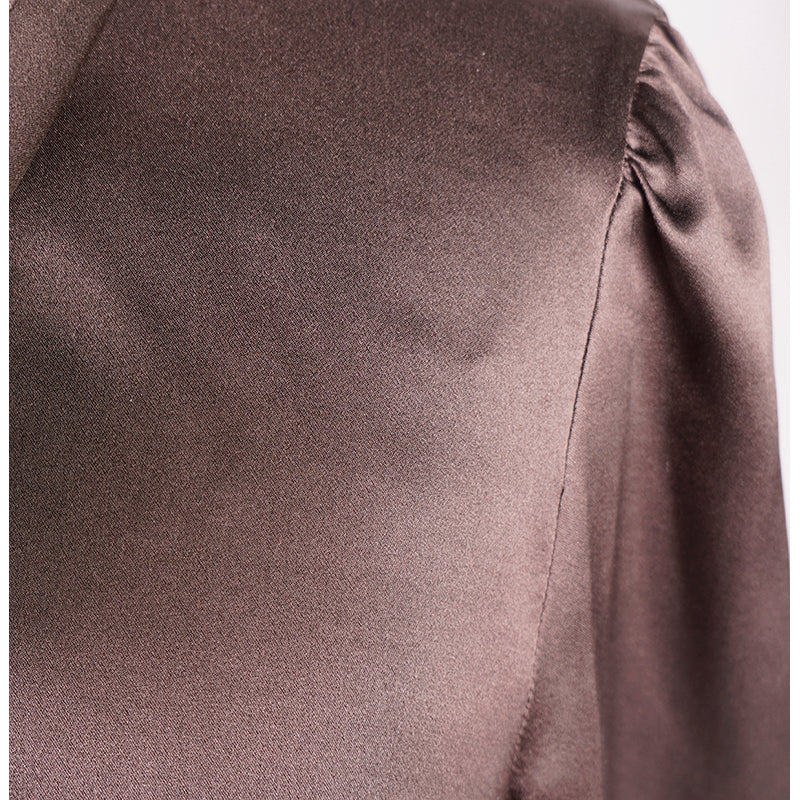 sz 42 NEW $1,980 PRADA Ebony Dk Brown 100% Silk Satin TIE NECK BLOUSE Shirt TOP