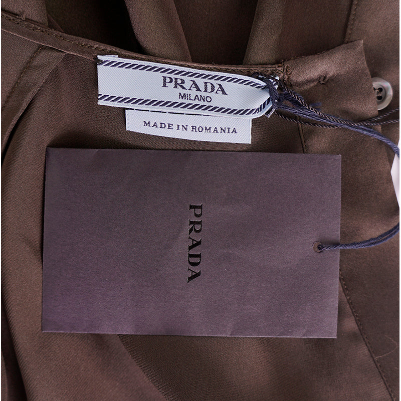 sz 42 NEW $1,980 PRADA Ebony Dk Brown 100% Silk Satin TIE NECK BLOUSE Shirt TOP