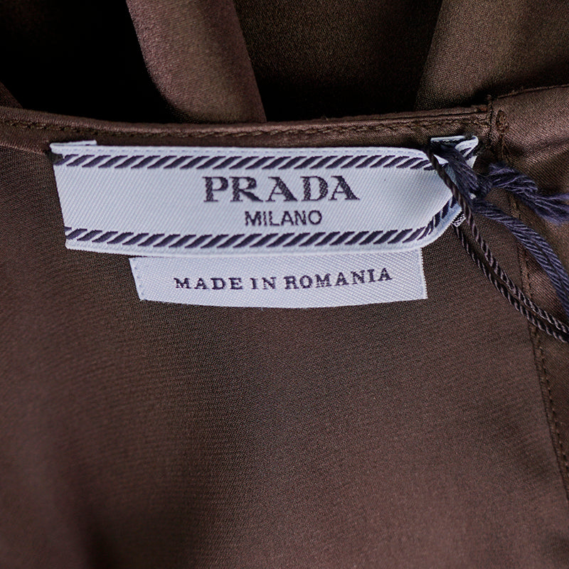 sz 42 NEW $1,980 PRADA Ebony Dk Brown 100% Silk Satin TIE NECK BLOUSE Shirt TOP