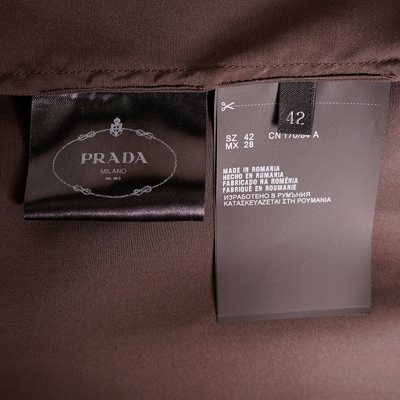 sz 42 NEW $1,980 PRADA Ebony Dk Brown 100% Silk Satin TIE NECK BLOUSE Shirt TOP