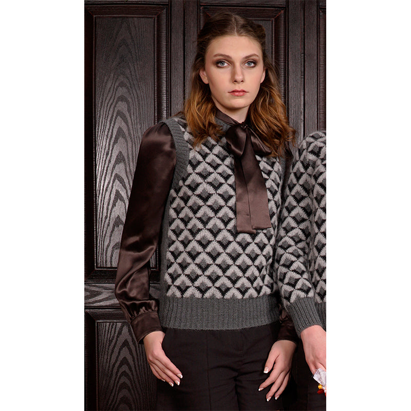 sz 42 NEW $1,980 PRADA Ebony Dk Brown 100% Silk Satin TIE NECK BLOUSE Shirt TOP
