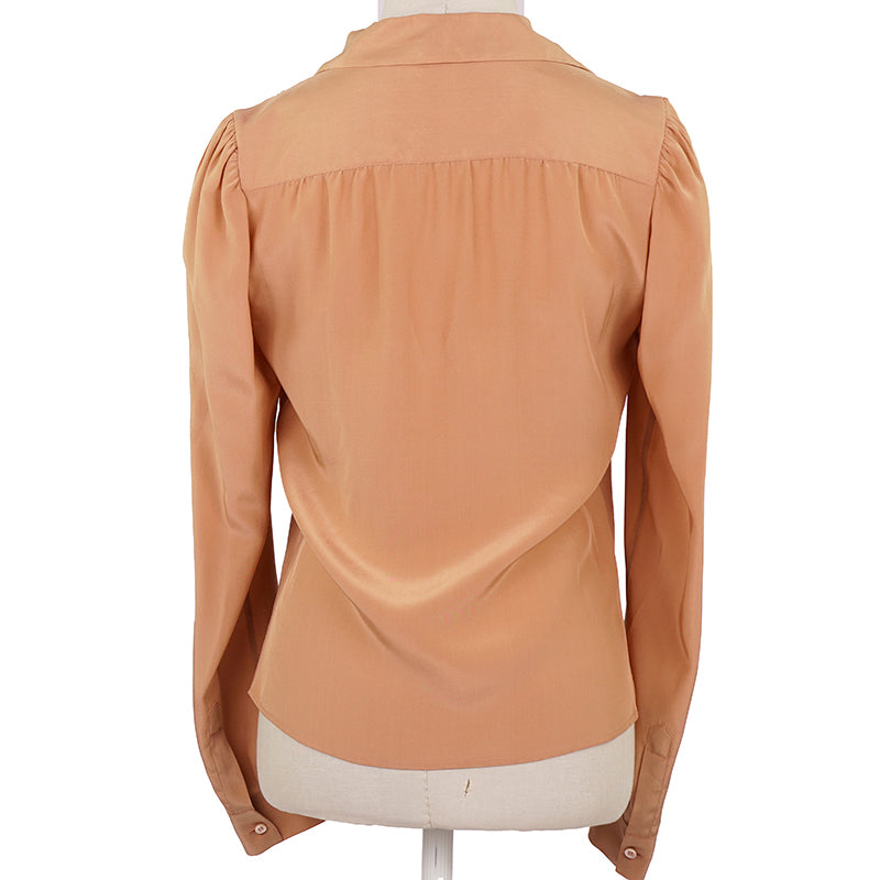 sz 42 NEW $1,980 PRADA Ebony Dk Brown 100% Silk Satin TIE NECK BLOUSE Shirt TOP