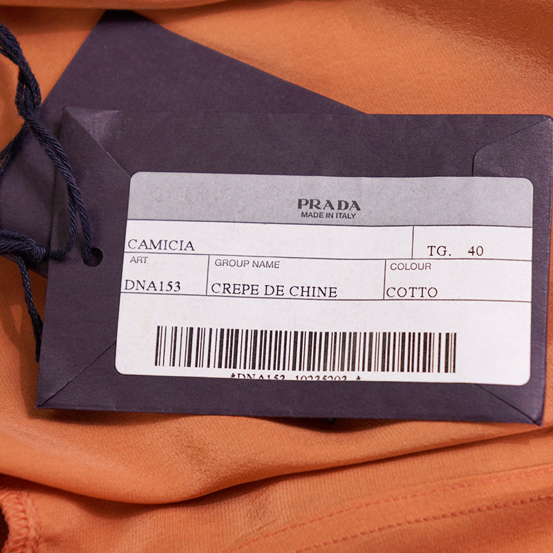 sz 42 NEW $1,980 PRADA Ebony Dk Brown 100% Silk Satin TIE NECK BLOUSE Shirt TOP