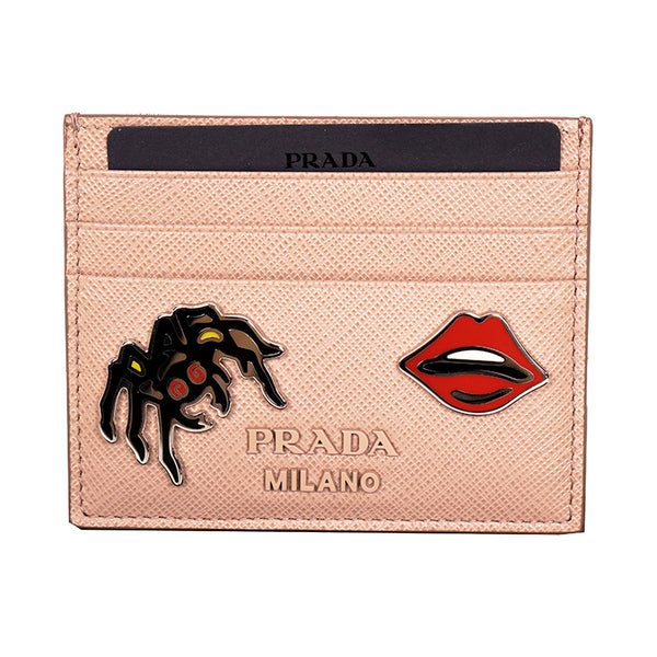 NEW $450 PRADA Nude Blush Saffiano SPIDER LIPS CHARM Limited Edition CARD CASE