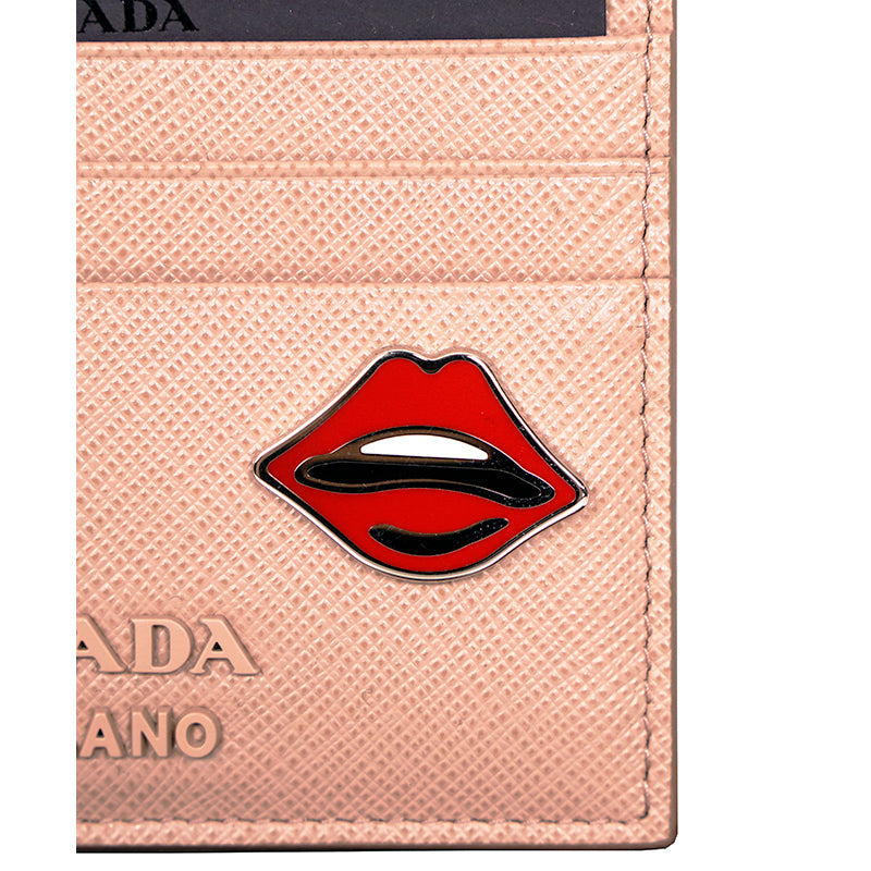 NEW $450 PRADA Nude Blush Saffiano SPIDER LIPS CHARM Limited Edition CARD CASE