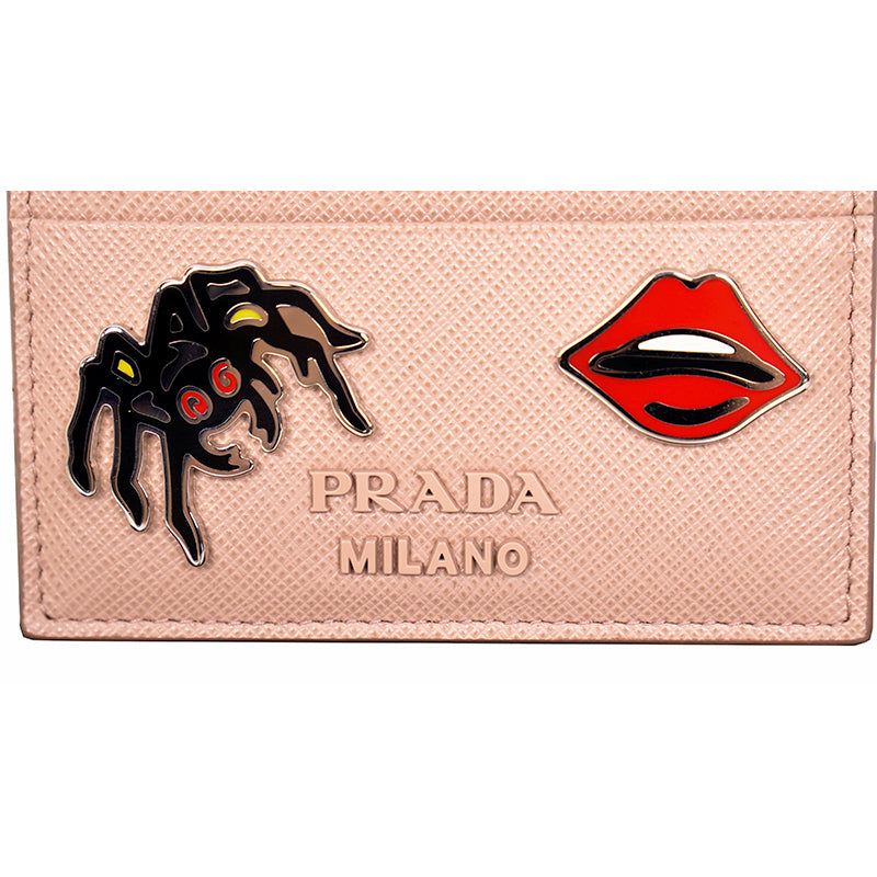 NEW $450 PRADA Nude Blush Saffiano SPIDER LIPS CHARM Limited Edition CARD CASE