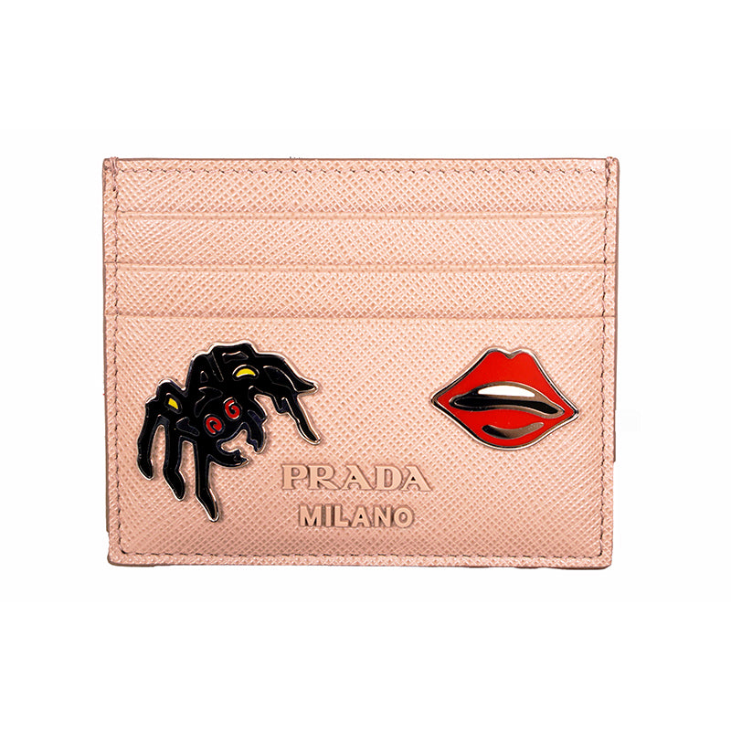 NEW $450 PRADA Nude Blush Saffiano SPIDER LIPS CHARM Limited Edition CARD CASE