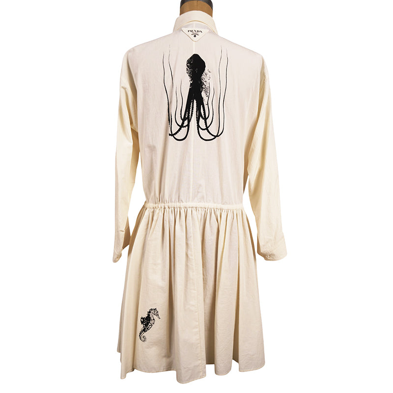 sz 42 NEW $3150 PRADA Ecru Cotton Chambray NAUTICAL MERMAID OCTOPUS Shirt DRESS