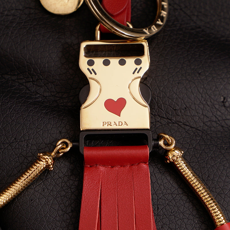 NEW $650 PRADA Red Leather & Metal ROBOT Buckle Clip Bag FOB KEY CHAIN RING NIB