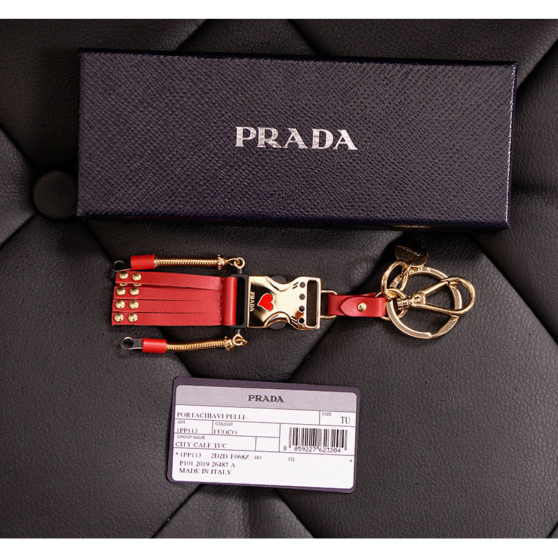 NEW $650 PRADA Red Leather & Metal ROBOT Buckle Clip Bag FOB KEY CHAIN RING NIB