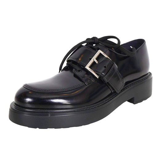 38.5 NEW $1040 PRADA Women’s Black Leather Buckle Lace-Up PLATFORM DERBY LOAFERS
