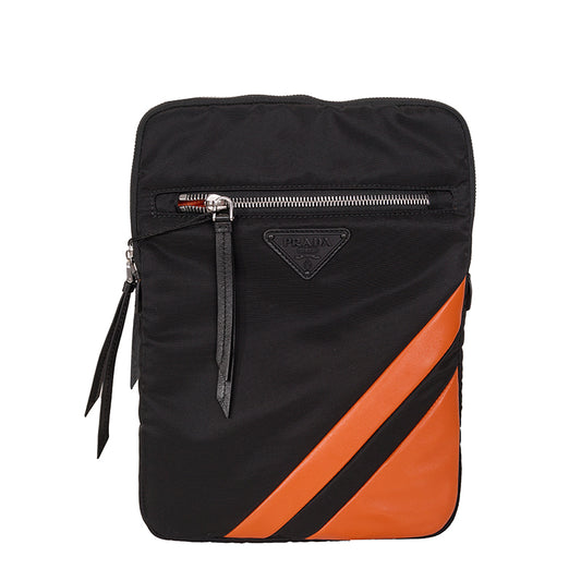 NEW $750 PRADA MEN Black Nylon SPORTY ORANGE Leather PADDED TECH Travel BAG NWT