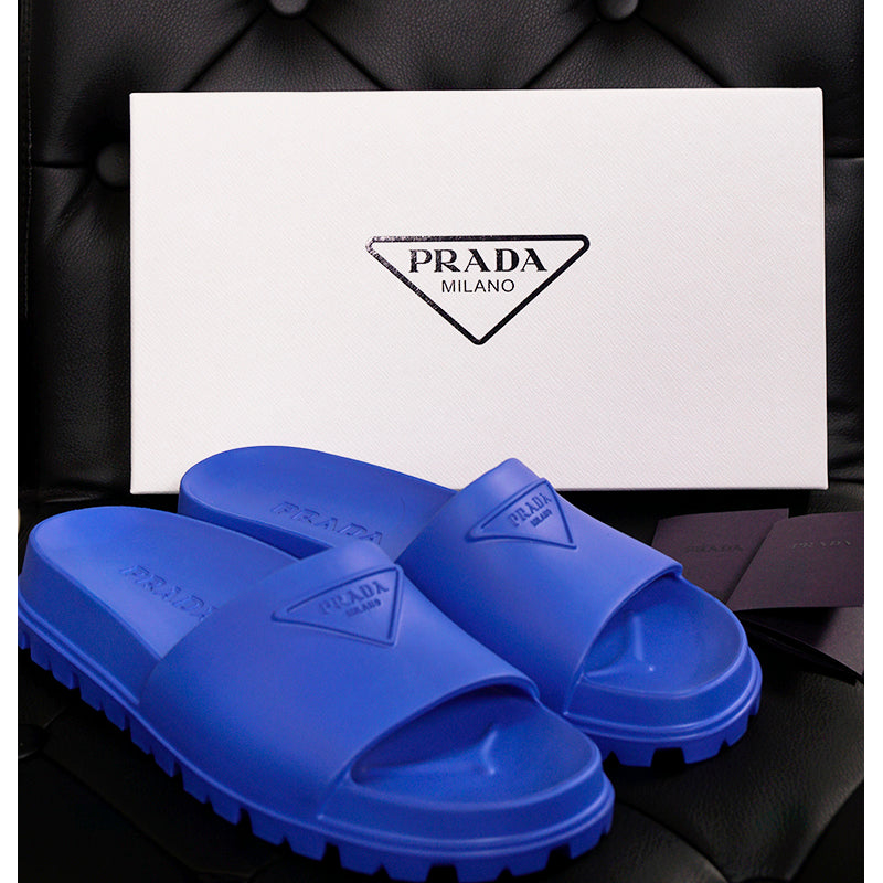 37/38 NEW $525 PRADA Women's EVA Rubber Triangle Logo Lug Sole 20mm SLIDE SANDALS