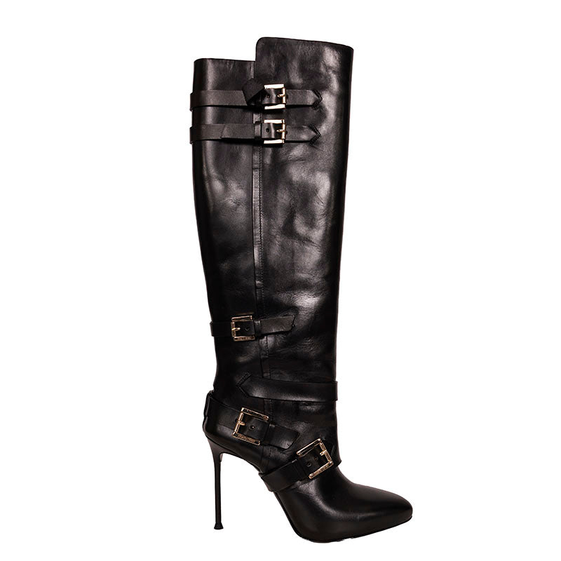 37 VINTAGE $1560 ROBERTO CAVALLI RUNWAY Black Leather BUCKLE Winter KNEE BOOTS